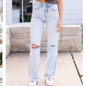 wide leg premium denim in distressed light-wash